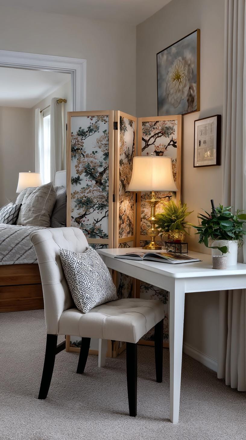 31 Home Office Ideas to Upgrade Your Work From Home Setup 65 23. Hidden desk behind folding screen in bedroom-0