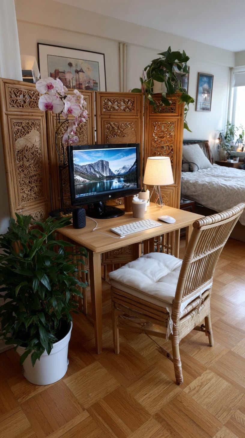 31 Home Office Ideas to Upgrade Your Work From Home Setup 66 23. Hidden desk behind folding screen in bedroom-1