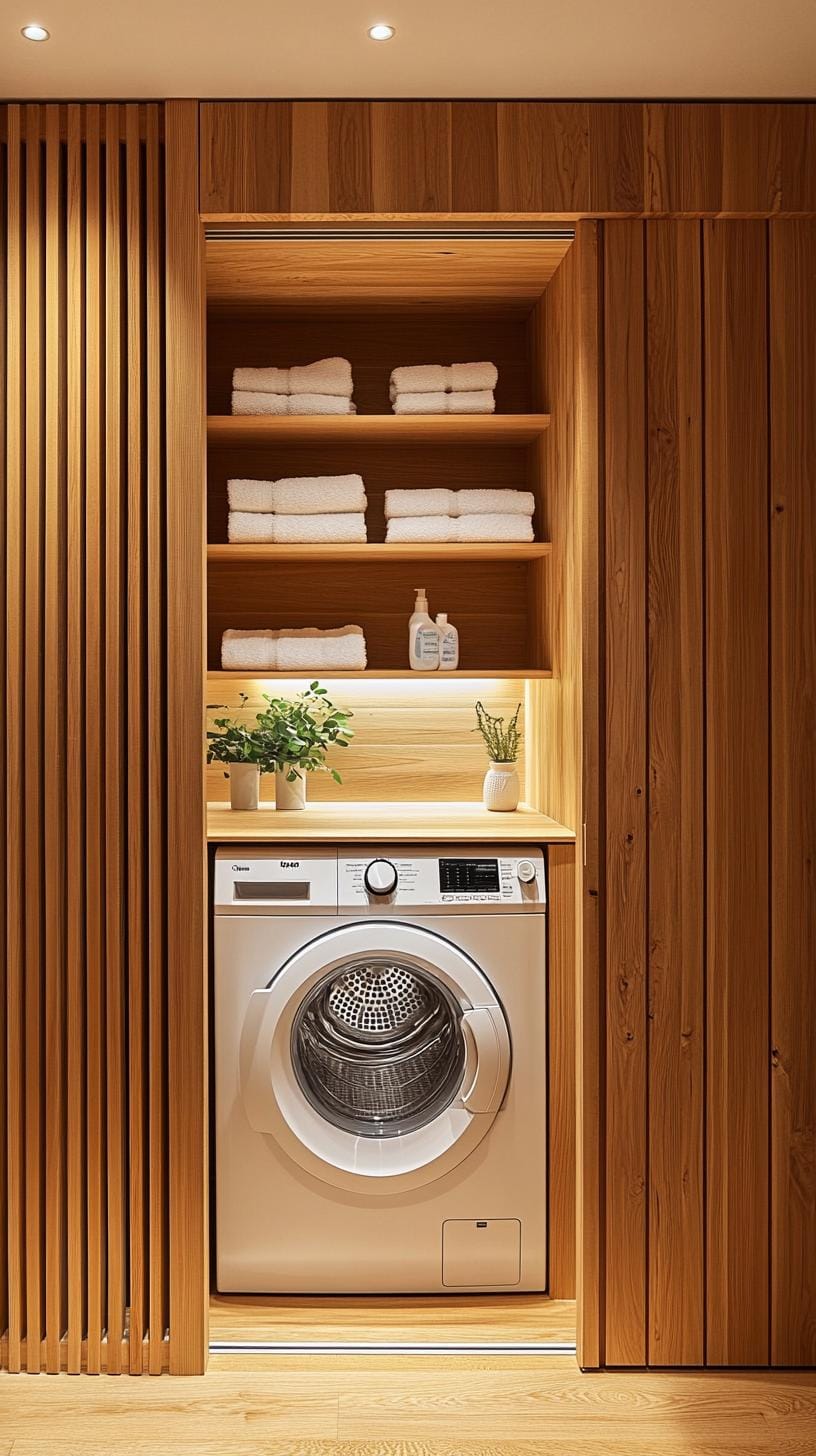 20 Genius Tiny laundry kitchen ideas: organization & stacked design 17 7. Hidden laundry cabinet with grinding bowl wooden doors-0