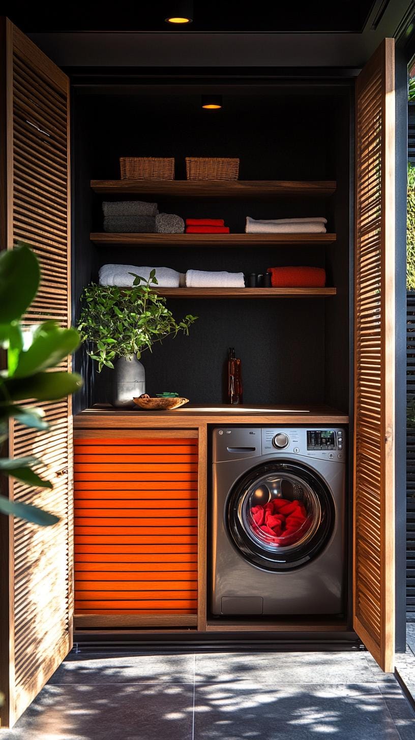 20 Genius Tiny laundry kitchen ideas: organization & stacked design 18 7. Hidden laundry cabinet with grinding sign wooden doors-1