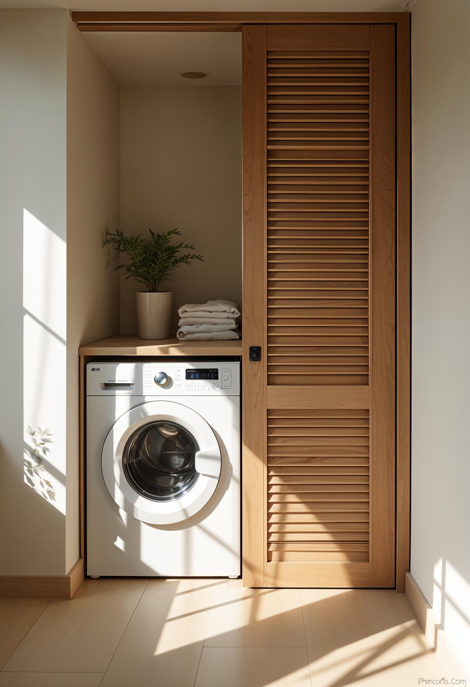 20 Genius Tiny laundry kitchen ideas: organization & stacked design 19 7. Hidden laundry cabinet with grinding bowl wooden doors-2