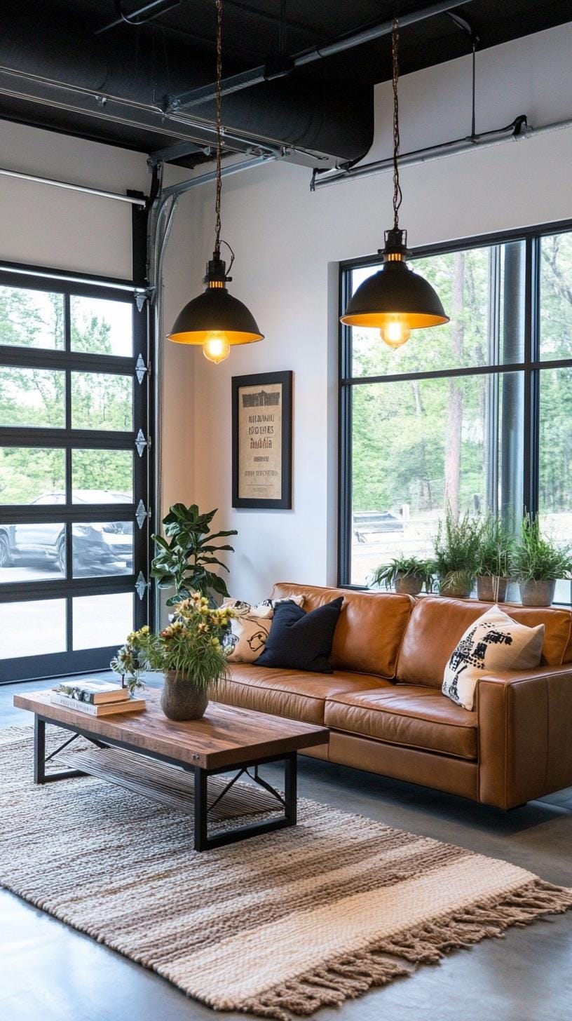 21 Best industrial farmhouse living room ideas to inspire 30 30 10. Lift an eclectic industrial farmhouse atmosphere by mixing garage doors as room-high windows with industrial trailer lighting-0.