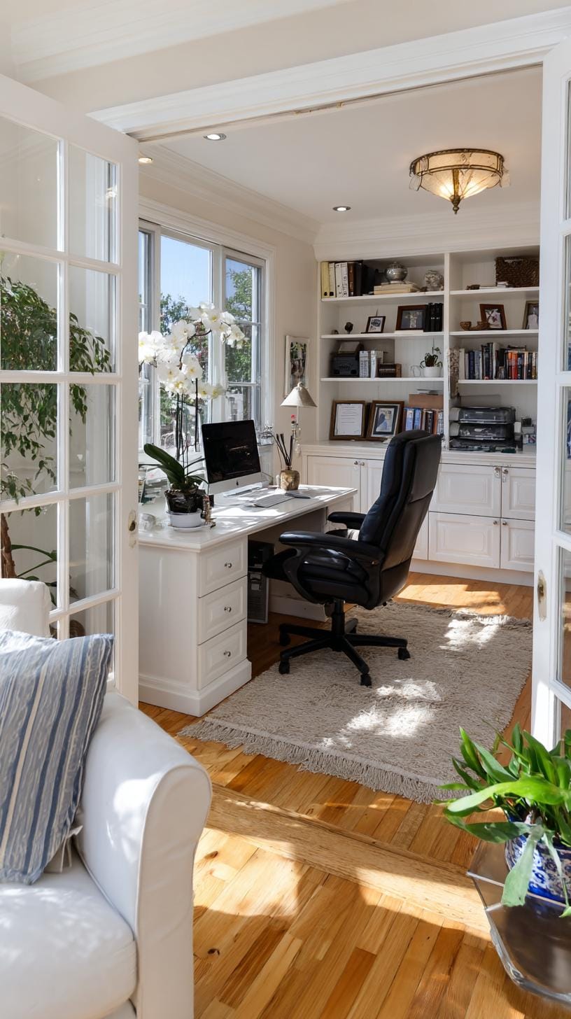 31 Home Office Ideas to Upgrade Your Work From Home Setup 80 29. Home office with French doors and built-in cabinetry-0