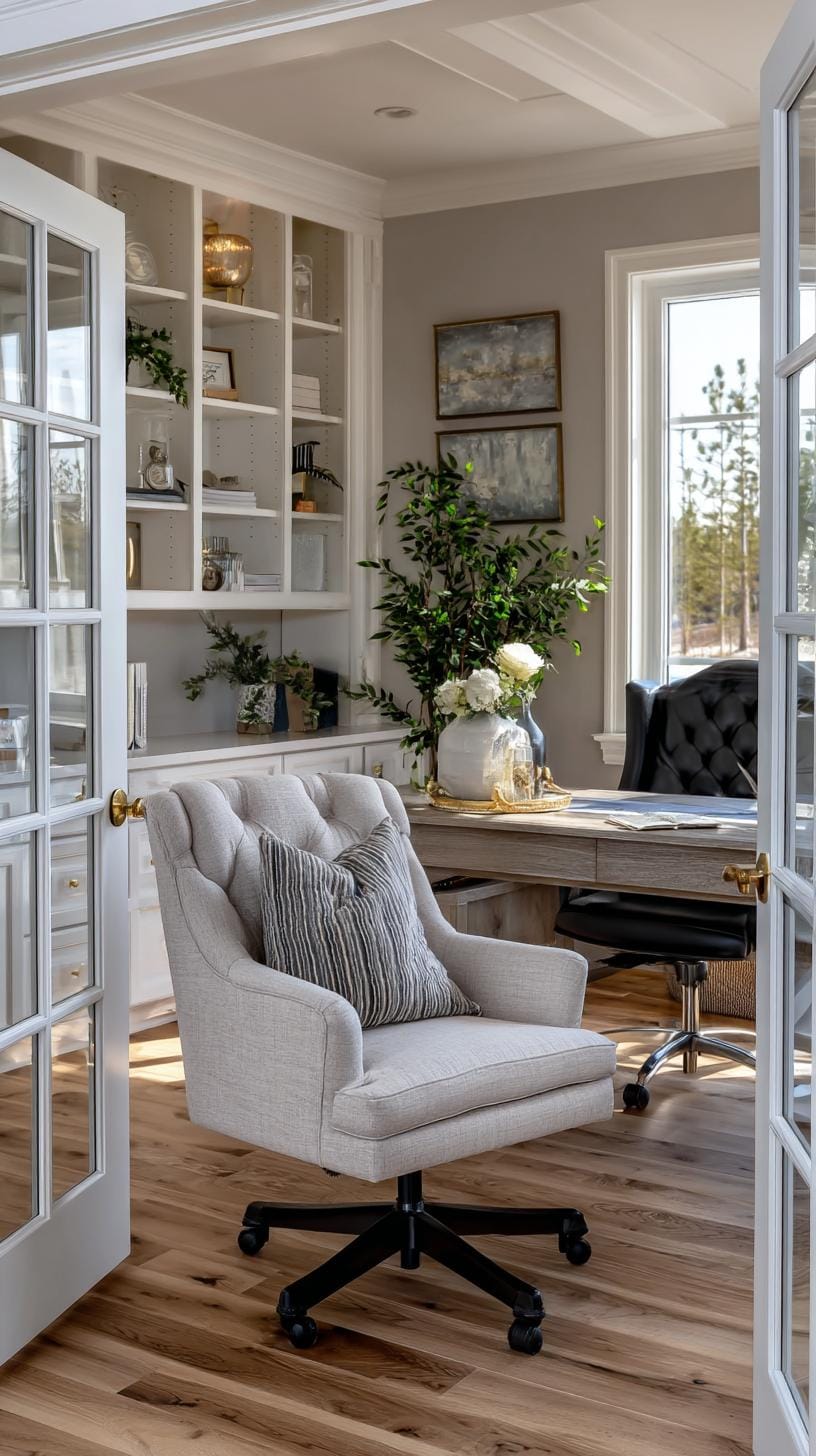 31 Home Office Ideas to Upgrade Your Work From Home Setup 81 29. Home office with French doors and built-in cabinetry-1