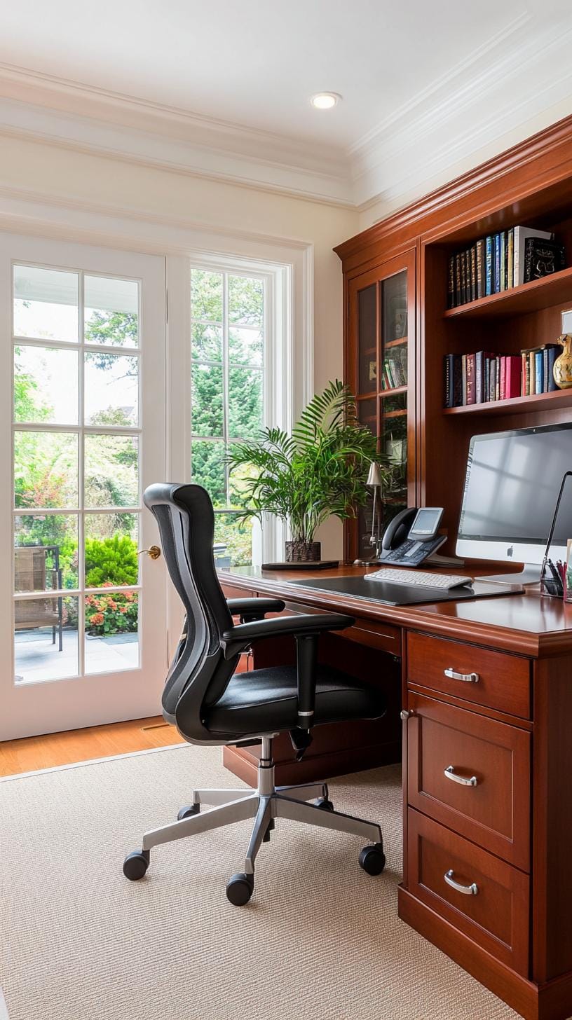 31 Home Office Ideas to Upgrade Your Work From Home Setup 82 29. Home office with French doors and built-in cabinetry-2