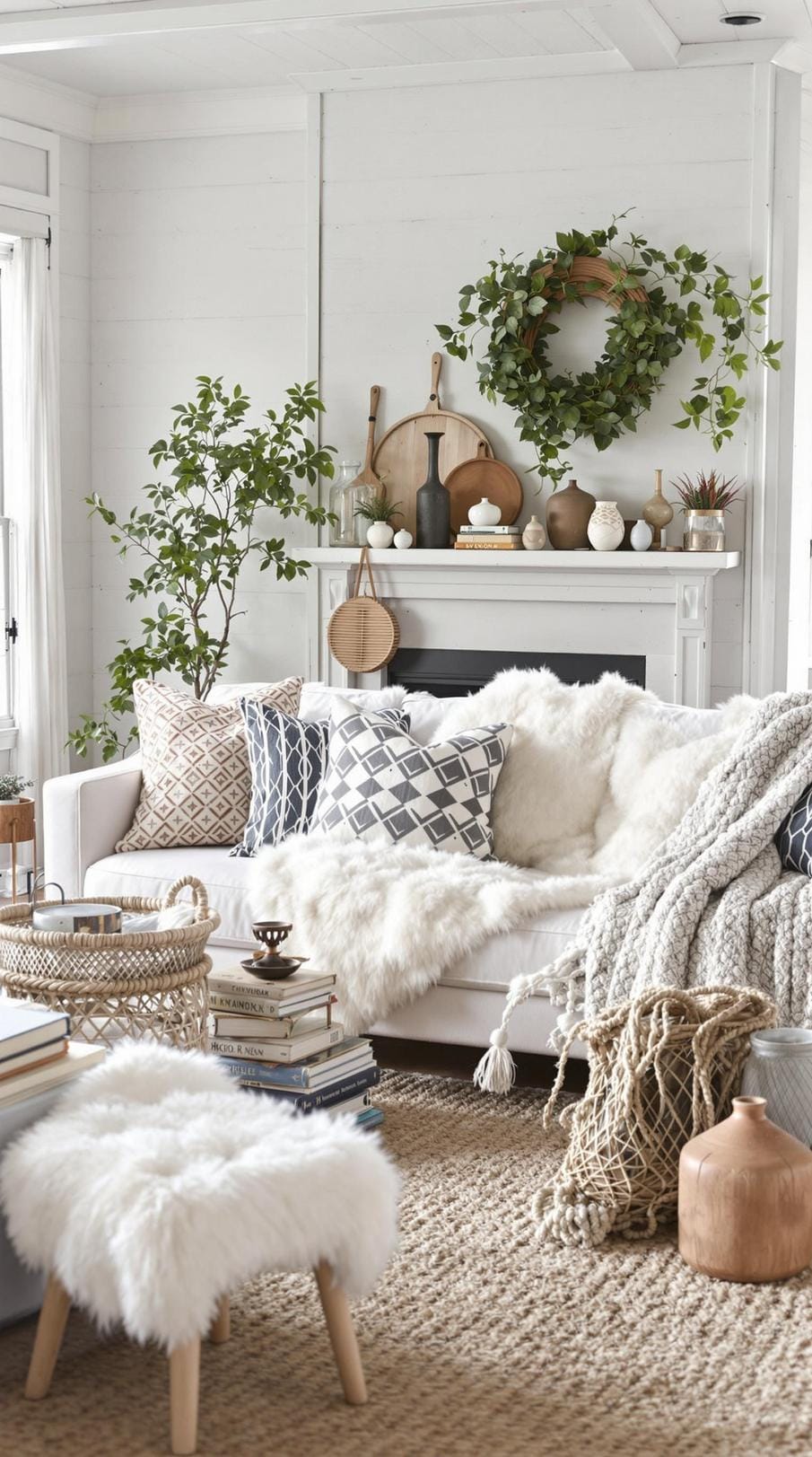 23 einzigartige Boho Farmhouse Wohnzimmer Ideen zum Kopieren 22 7. Hygge Haven: Umarmung skandinavische Einflüsse mit weiß getünchtem Holz, einer Mischung aus Schaffell und geflochtenen Wollwürfen sowie einer Sammlung eklektischer Töpferwaren-0