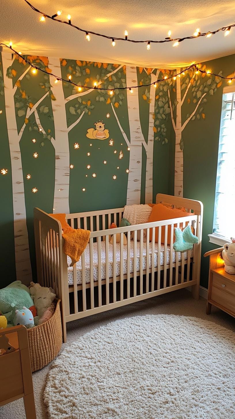 21 Enchanted Forest Nurily ideas for magical mood 10 3 .. Illuminated canopy empire with sparkling string lights and night sky-wall painting-0