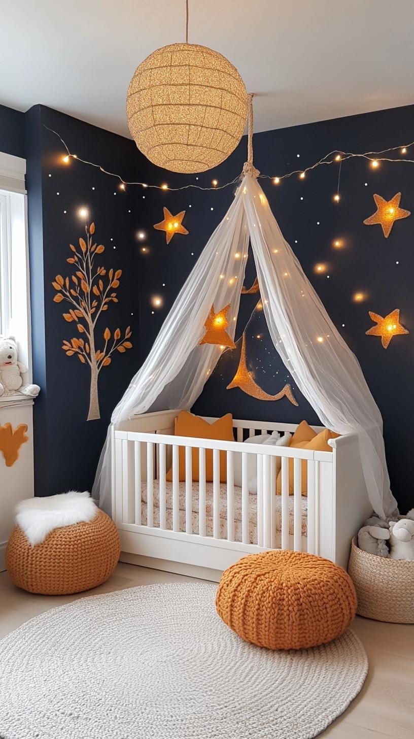 21 Enchanted Forest Nurily Ideas for a magical mood 11 3 .. Illuminated canopy empire with sparkling string lights and night sky-wall painting-1