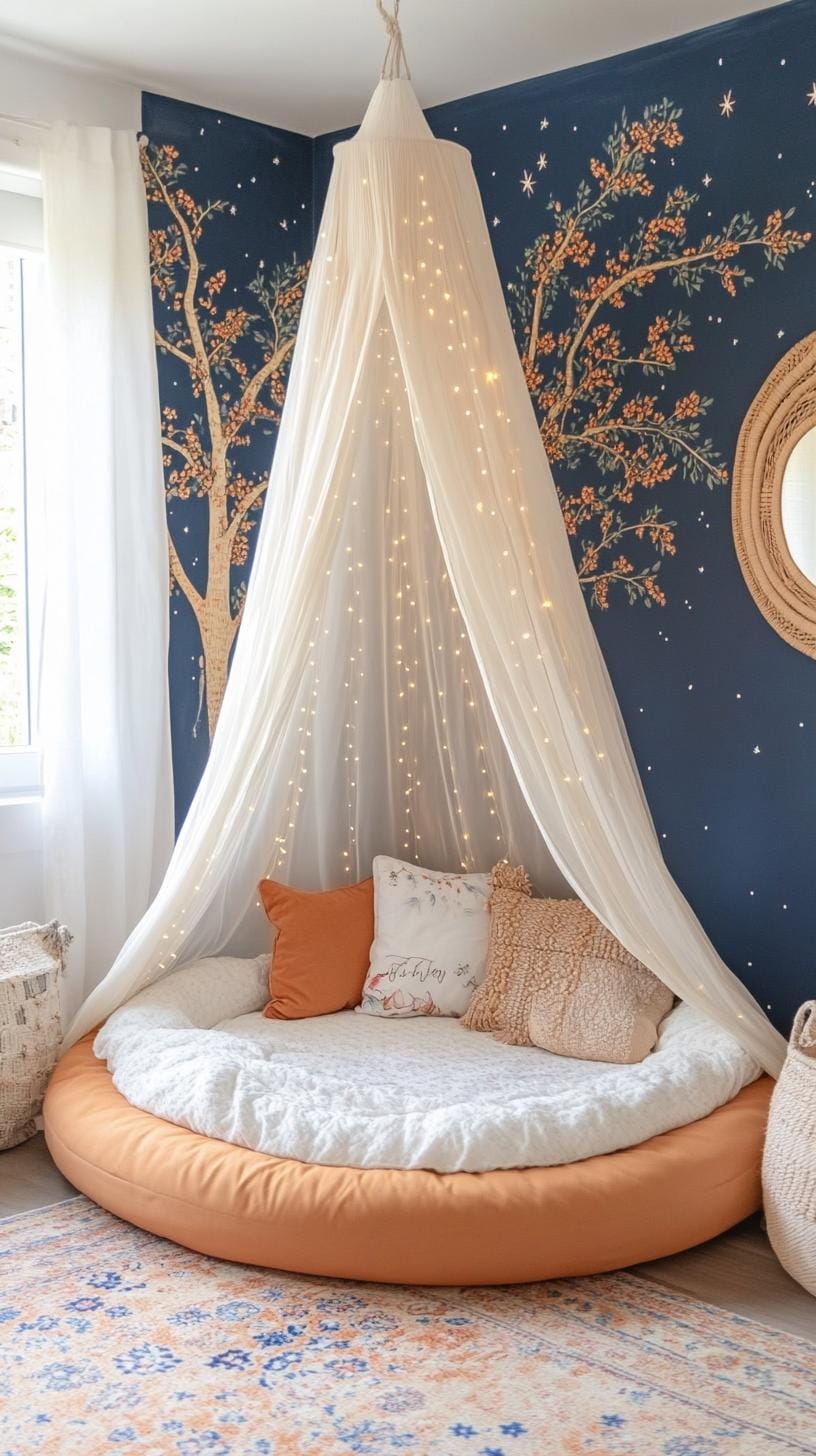 21 Enchanted Forest Nurily Ideas for a magical mood 12 3 .. Illuminated Baldachin Empire with sparkling string lights and Night Sky Murals-2