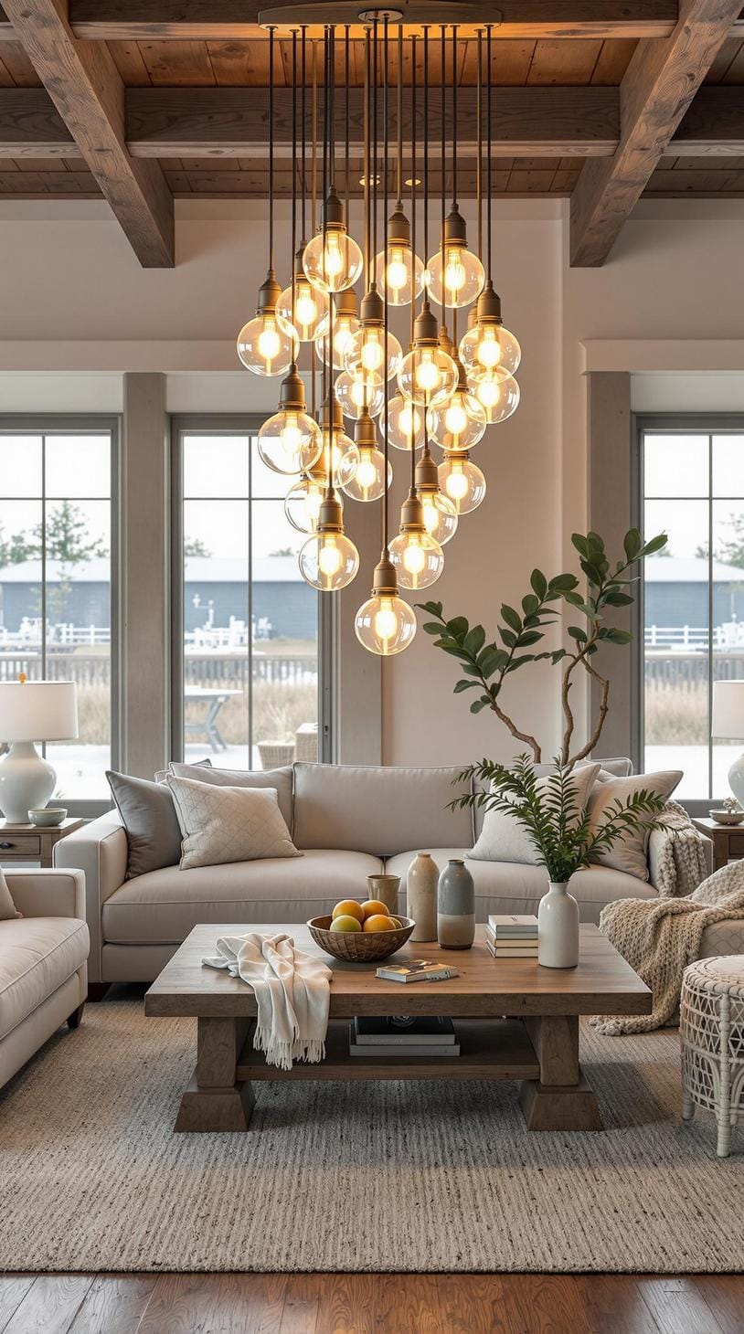 20 unique coastal farmhouse living room ideas, the wow 40 13. Integrate Glassebooy Float Lights into a chandelier for a unique coastal lights-0