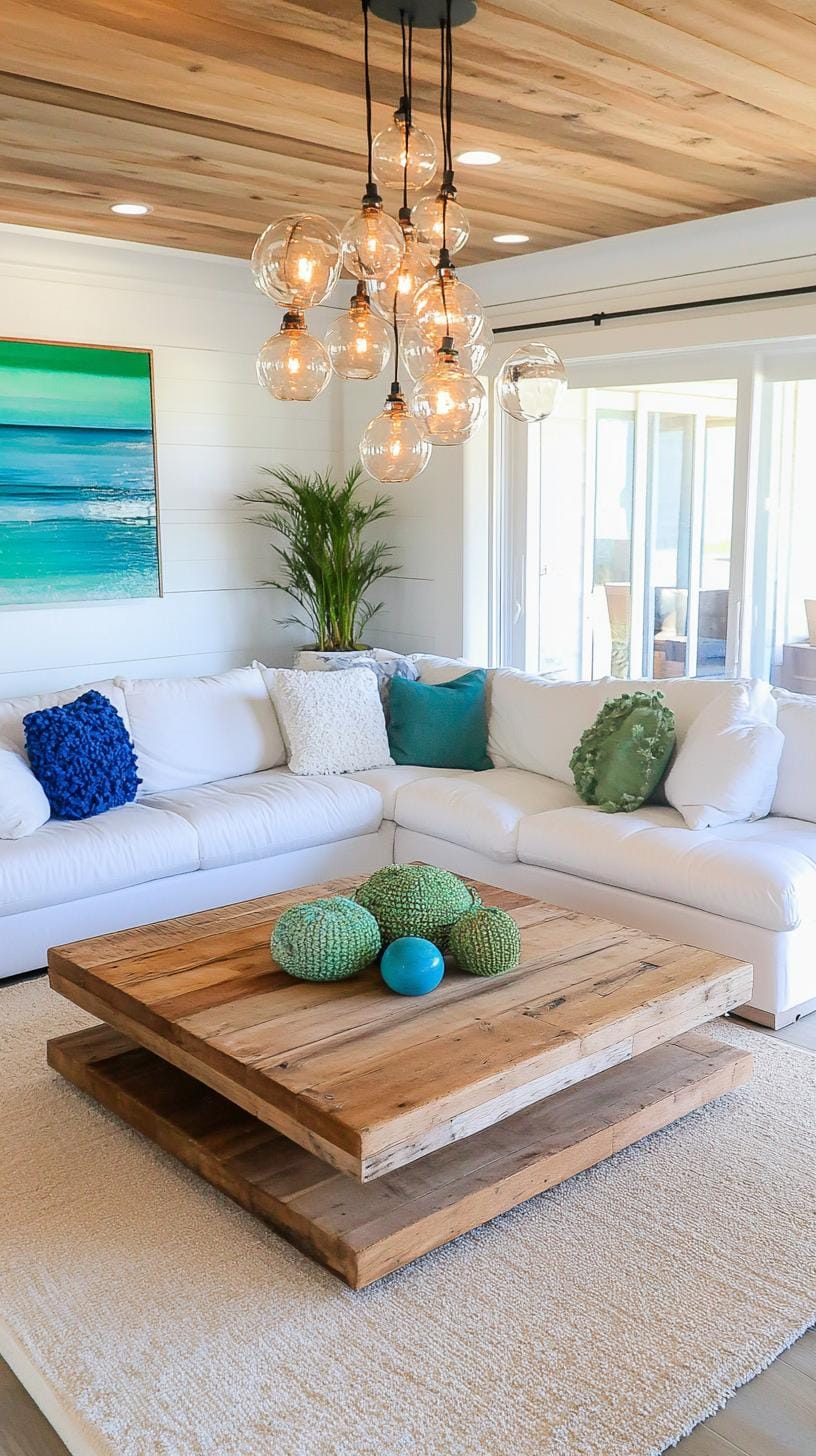 20 unique coastal farmhouse living room ideas, the WoW 41 13. Integrate the lights of the glass buoy into a chandelier for a unique coastal lighting-1