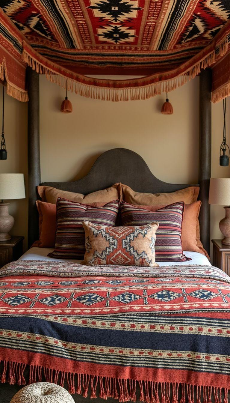 21 Breathtaking Western Boho Bedroom Ideas to inspire you 22 7. Integrate textiles with a bold, inspired printing over soft, earthy bed linen on a 4-youth bed 0