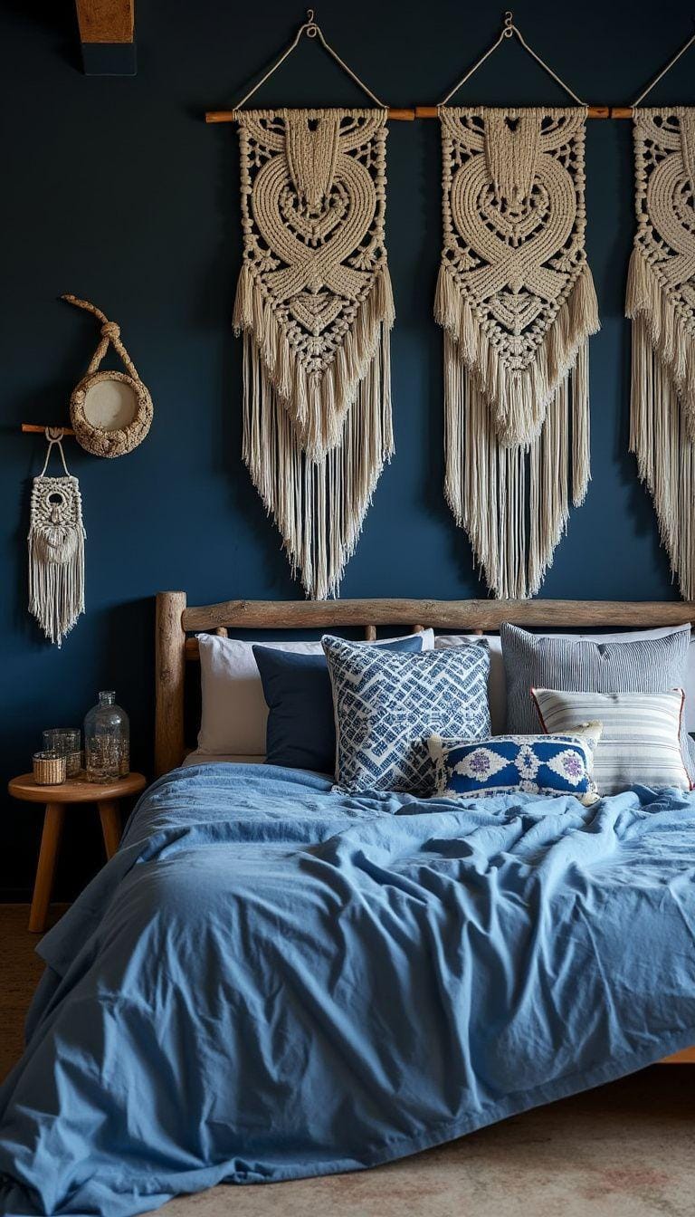 21 Best Blue Boho bedroom ideas to inspire you 3 1. Indigo dreams: a mixture of deep indigo colors with natural wood accents and macramé wall proposals 0