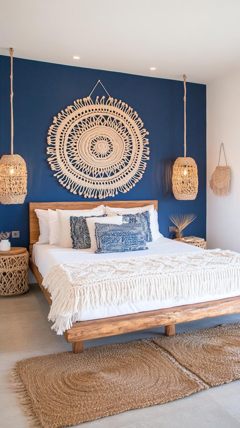 21 Best Blue Boho bedroom ideas to inspire you 4 1. Indigo dreams: a mixture of deep indigo colors with natural wood accents and macramé wall proposals 1