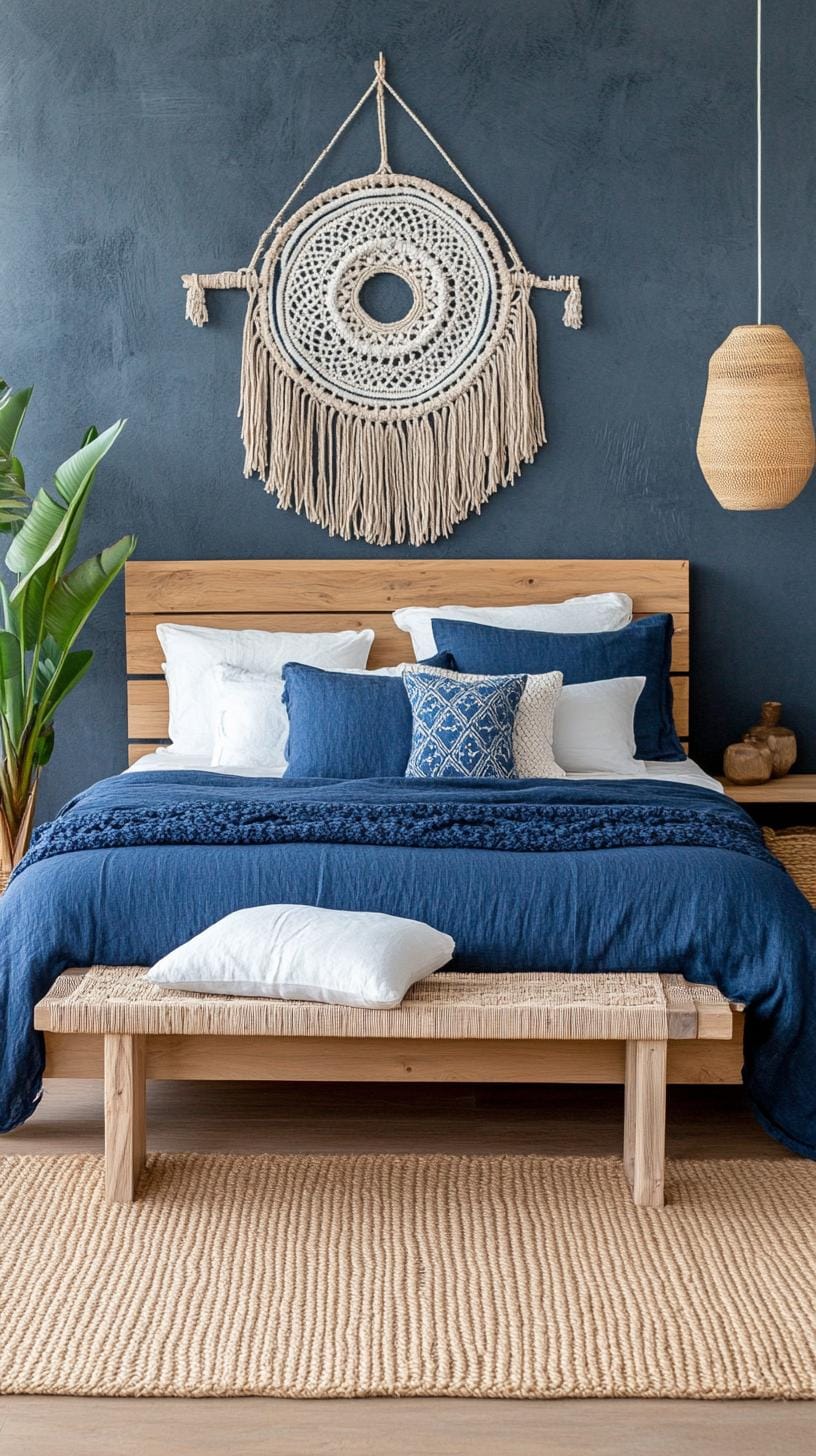 21 Best Blue Boho bedroom ideas to inspire yourself 5 1. Indigo dreams: a mixture of deep indigo colors with natural wood accents and macramé wall proposals 2