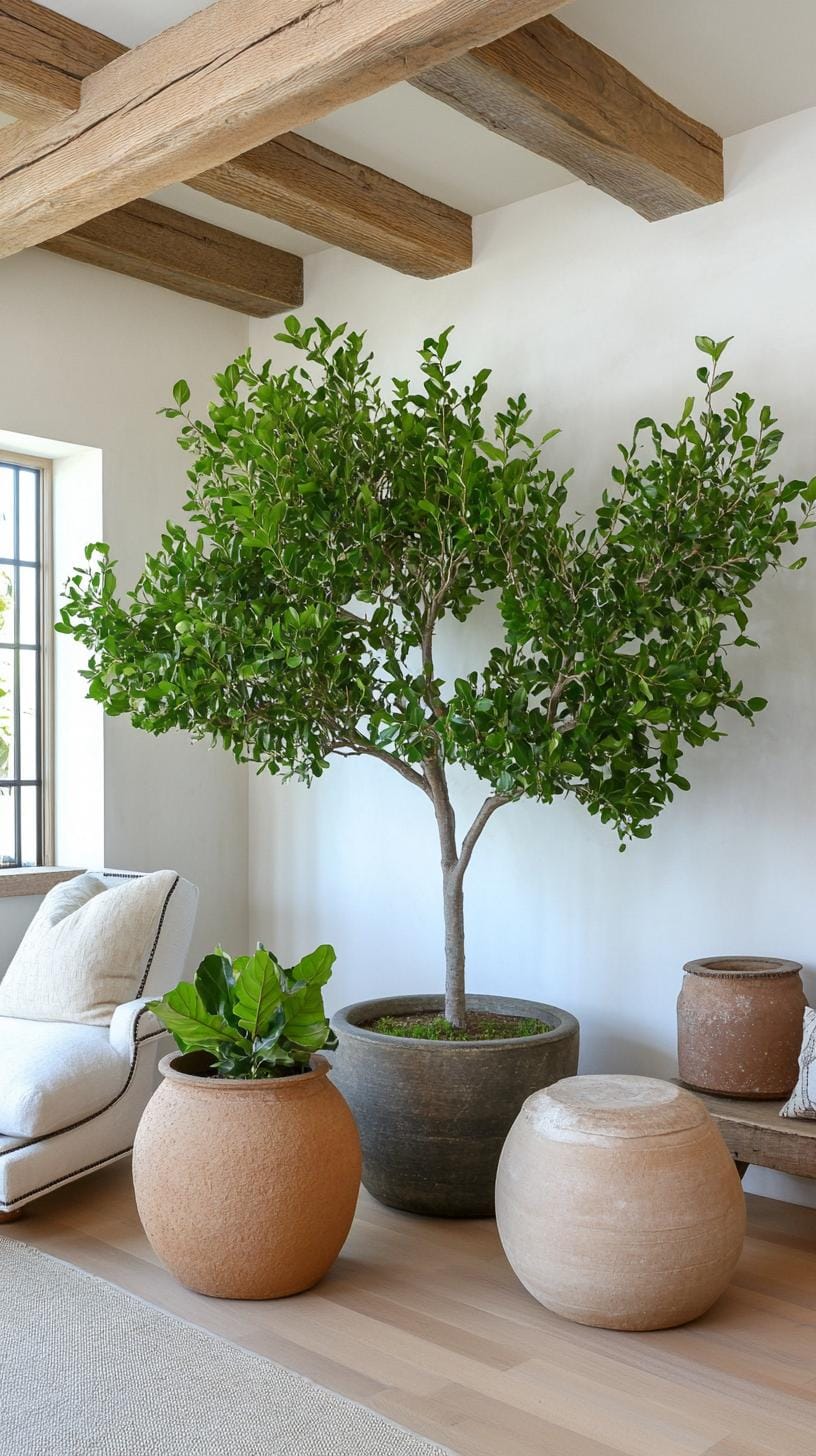 21 Cozy organic ideas for modern living room to copy 29 29 9. Interior trees such as olive or violin leaf figs in structured Pots-1