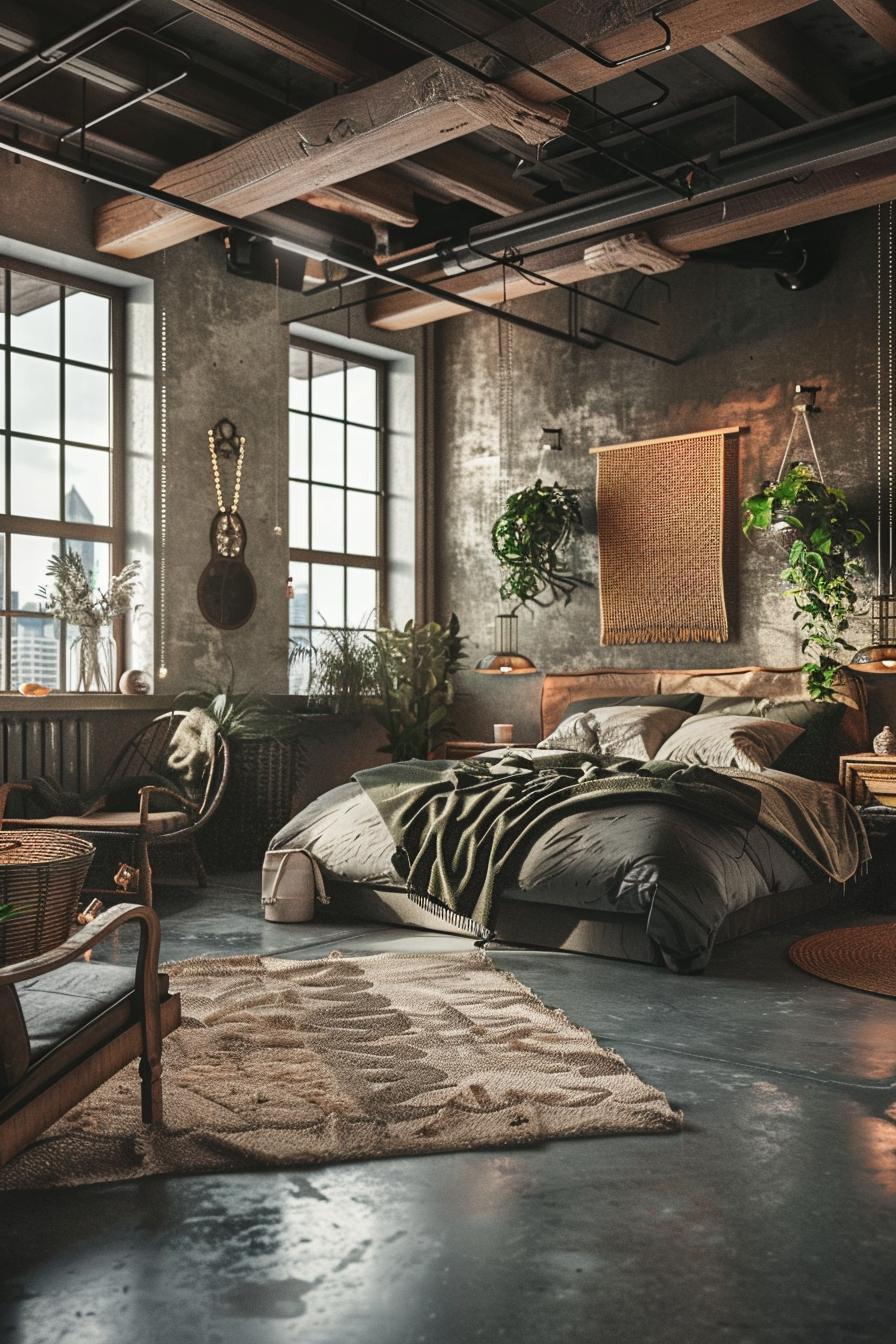 29 wunderschöne neutrale Boho -Schlafzimmer: verträumte und entspannende Räume 43 20. Industrial Boho Loft Section-0
