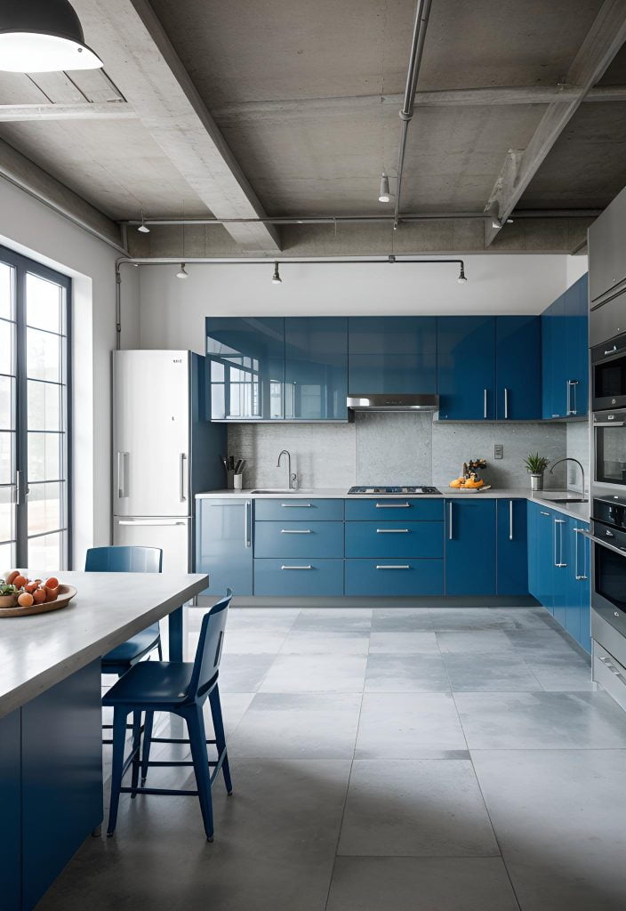 39 Trendy Blue Kitchen Cabinet Ideas: with Cool, Sophisticated Vibes 49 39. Industrial Dolphin Blue Kitchen Cabinets-0