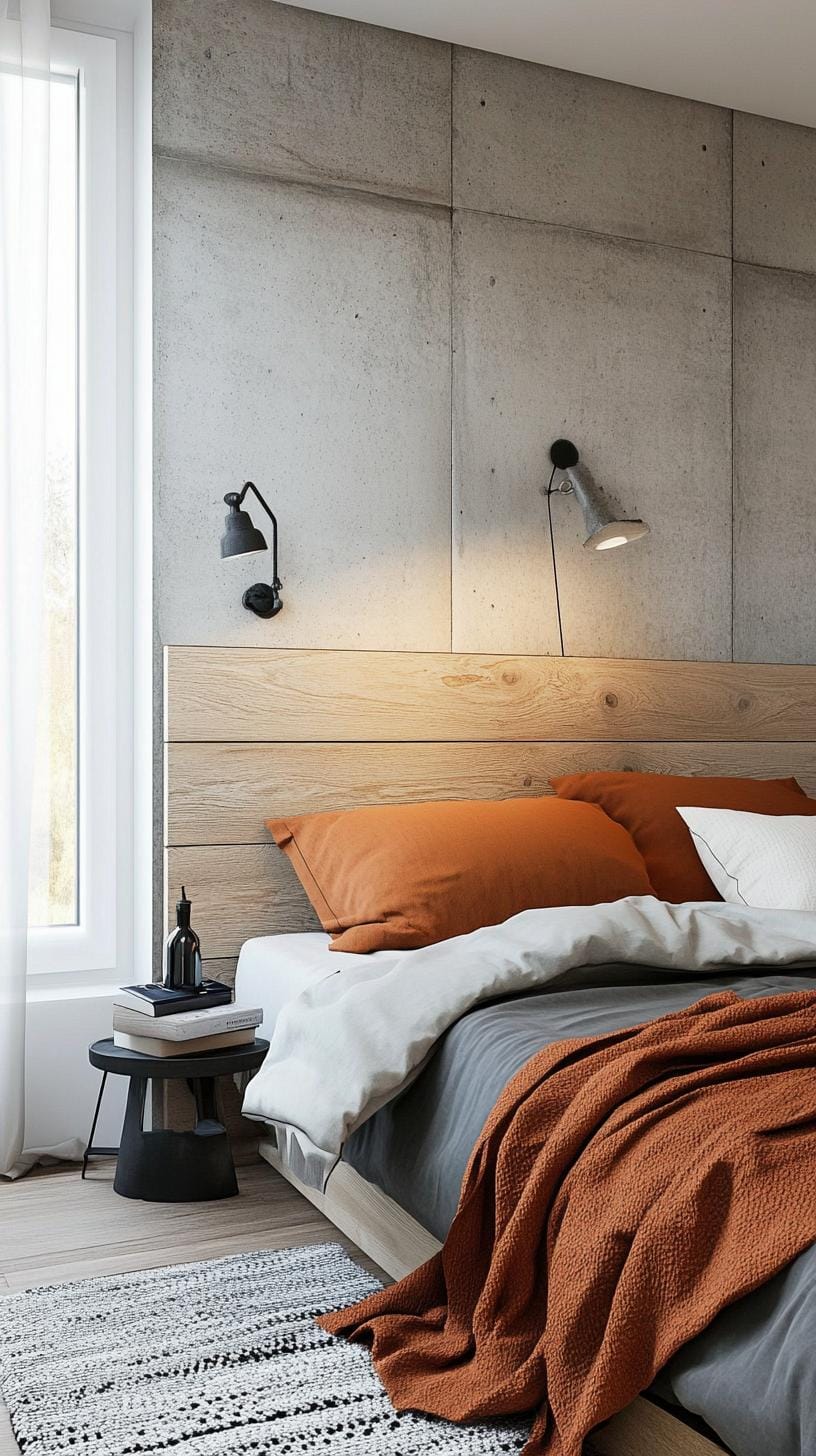 20 new minimalist bedroom ideas to inspire your 2025 refreshment 14 4. Industrial elegance: combination concrete walls with minimalist metal lights and soft textiles-0-0