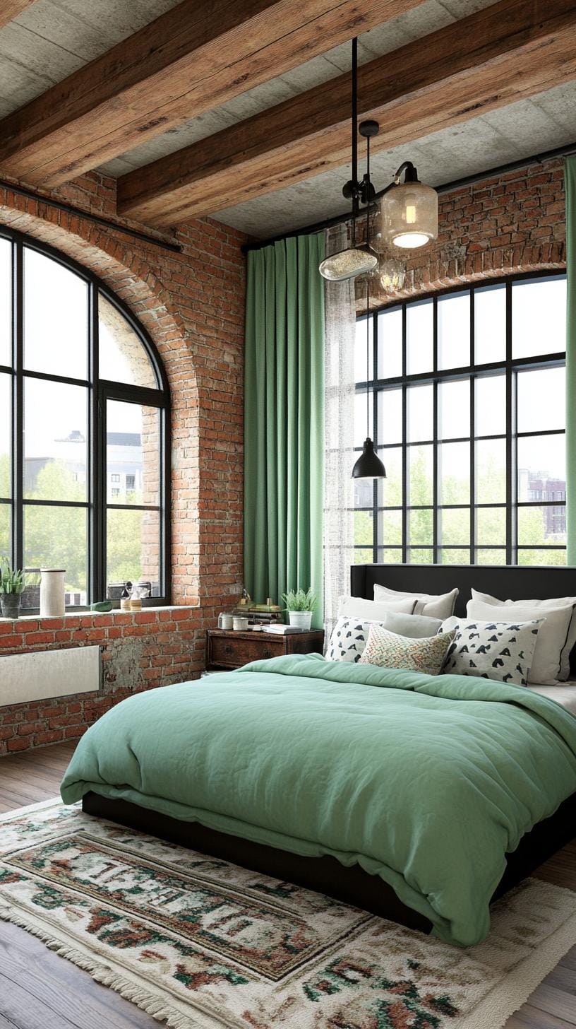 25 Trendy Sage Green Schlafzimmer Ideen für 2025 24 8. Industrial Chic Space mit Salbeigrün-Akzenten und Delessed Metall Detailing-0