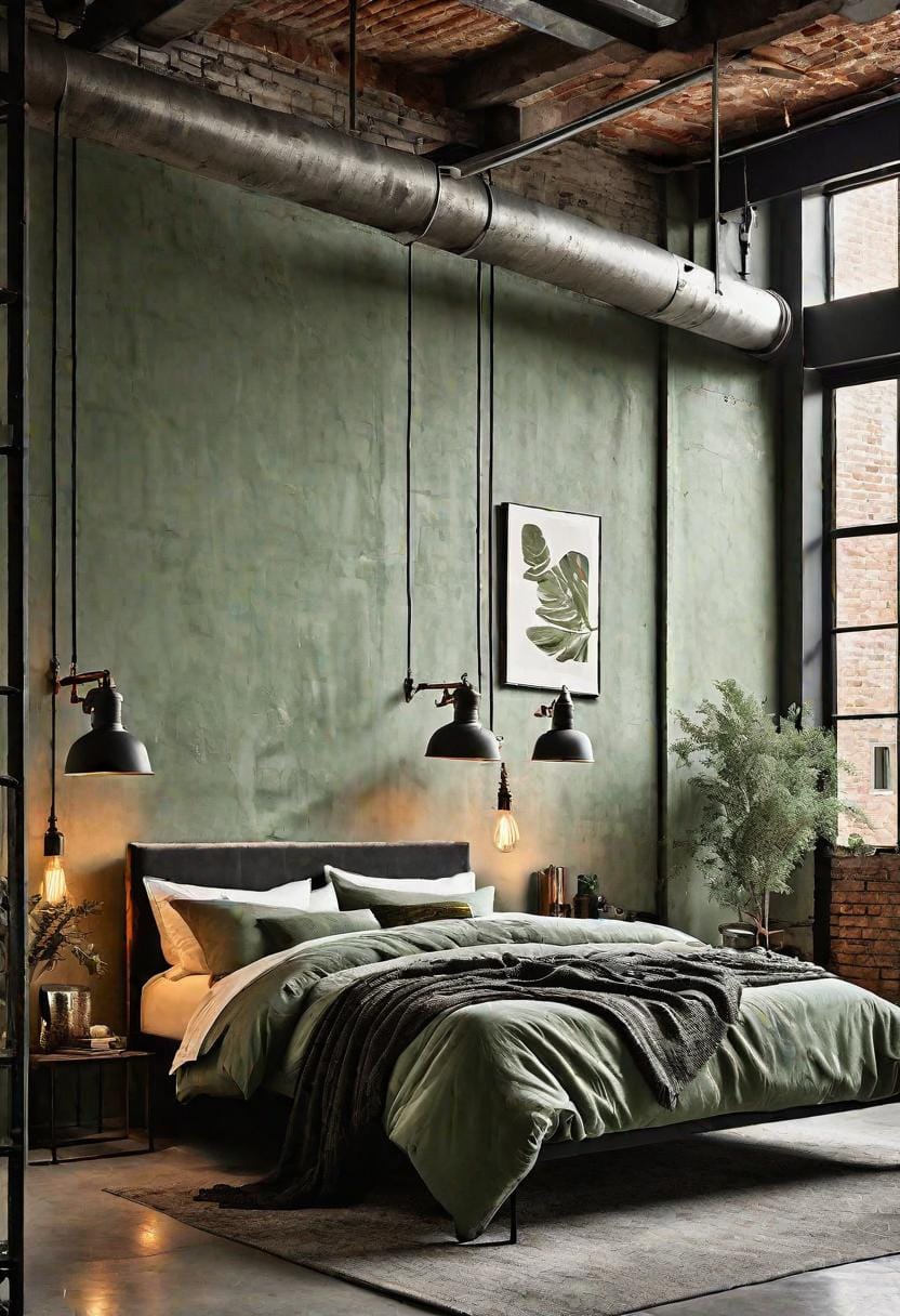 25 Trendy Sage Green Schlafzimmer Ideen für 2025 25 8. Industrial Chic Space mit Salbeigrün-Akzenten und notiertem Metalldetail-1