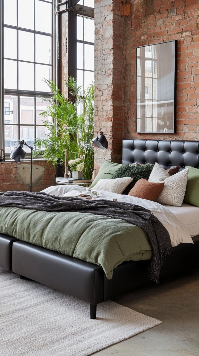 25 Trendy Sage Green Schlafzimmer Ideen für 2025 26 8. Industrial Chic Space mit Salbeigrün-Akzenten und notiertem Metalldetailing-2