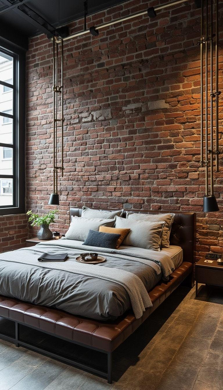 21 modern bedroom ideas for your 2025 makeover 7 2. Industrial chic with exposed brick, metal elements and leather accents-0