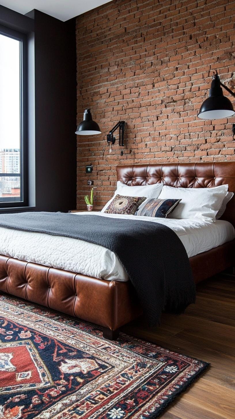 21 modern bedroom ideas for your 2025 makeover 8 2. Industrial chic with exposed brick, metal elements and leather accents-1