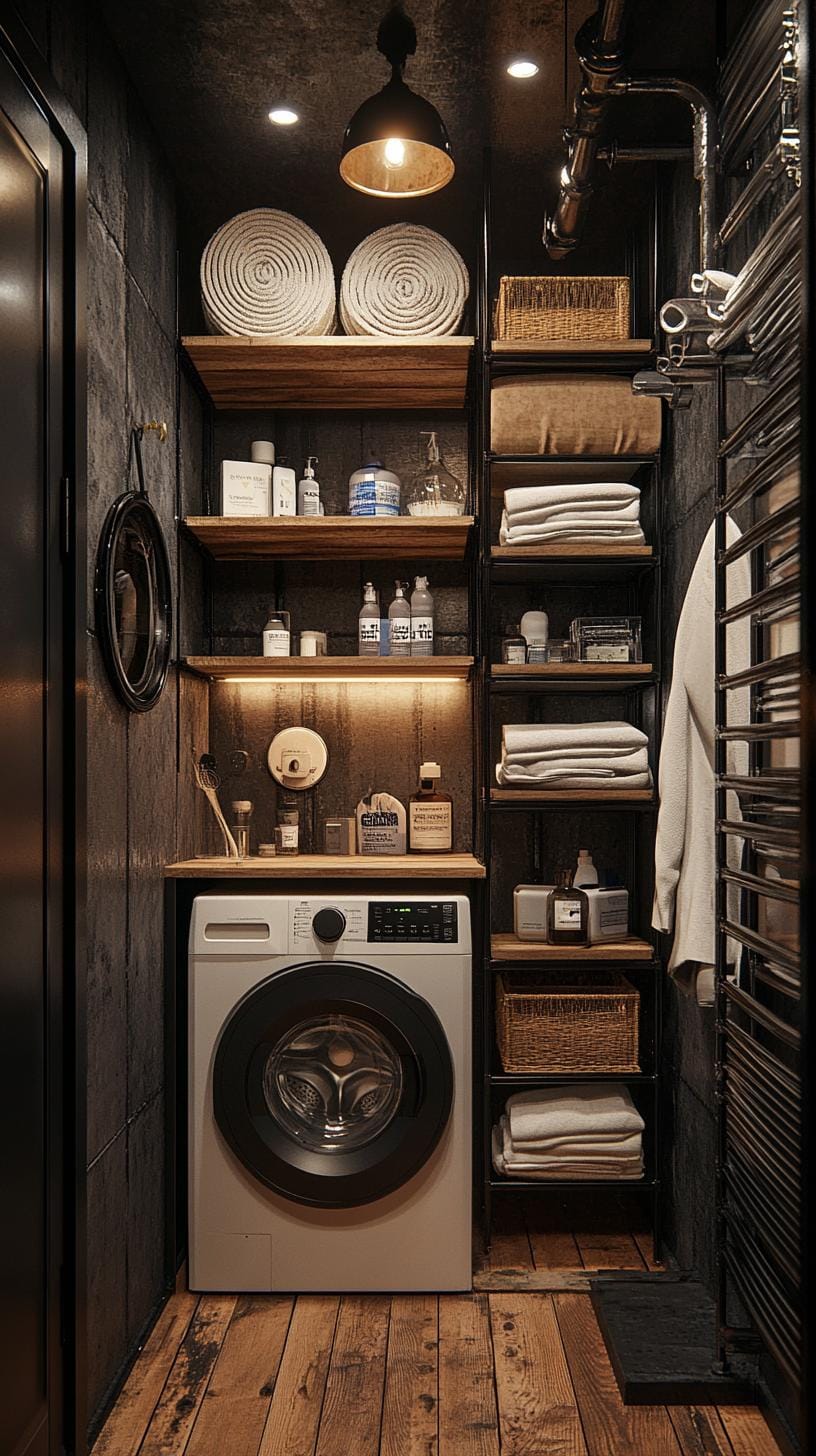 20 Genius Tiny laundry room ideas: organization & stacked design 41 15. Industrial-modern black and white with metal shelf system 0-0