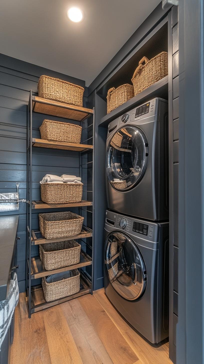20 Genius Tiny laundry kitchen ideas: organization & stacked design 42 15. Industrial-modern black and white with metal shelf system 1-1
