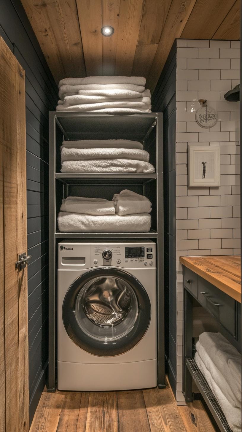 20 Genius Tiny laundry kitchen Ideas: Organization & Stacked Design 43 15. Industrial-modern black and white with metal shelf system-2-2