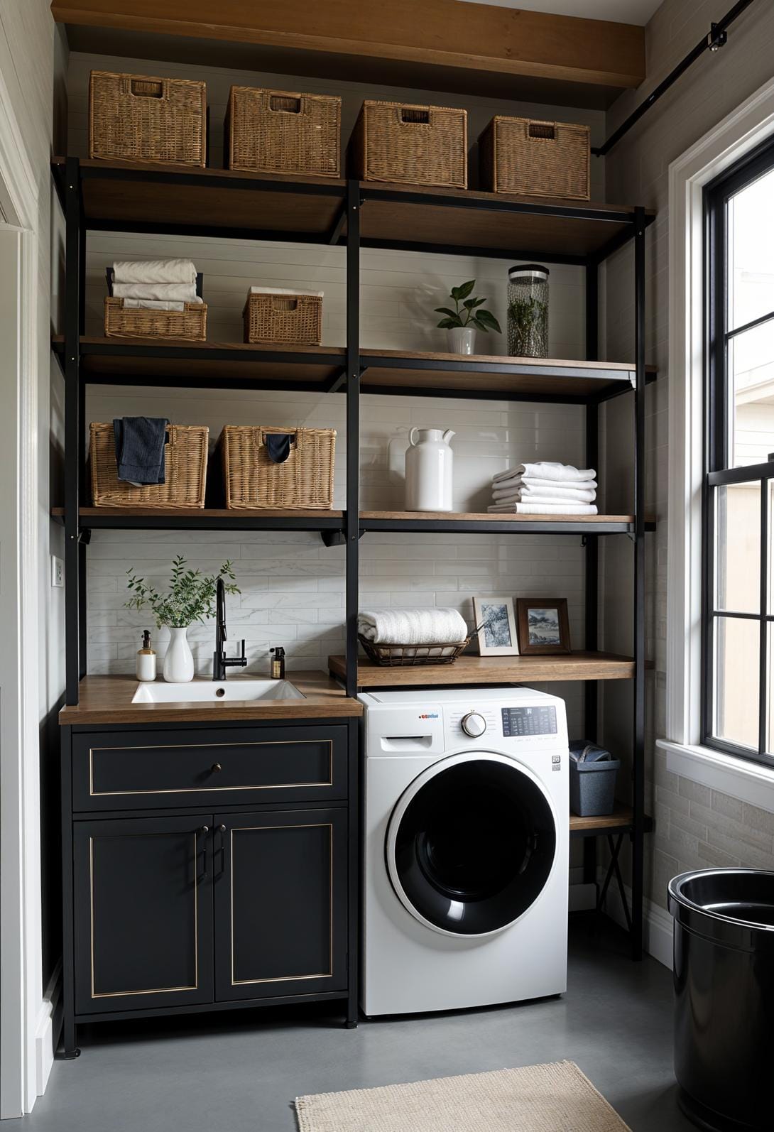 20 Genius Tiny laundry kitchen ideas: organization & stacked design 44 15. Industrial-modern black and white with metal shelf system 3