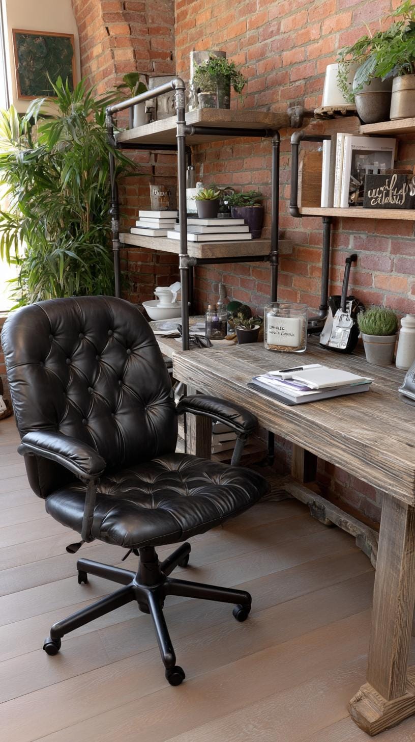 31 Home Office Ideas to Upgrade Your Work From Home Setup 21 7. Industrial office with exposed shelves and pipe details-0
