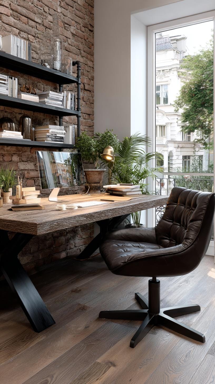 31 Home Office Ideas to Upgrade Your Work From Home Setup 23 7. Industrial office with exposed shelves and pipe details-2