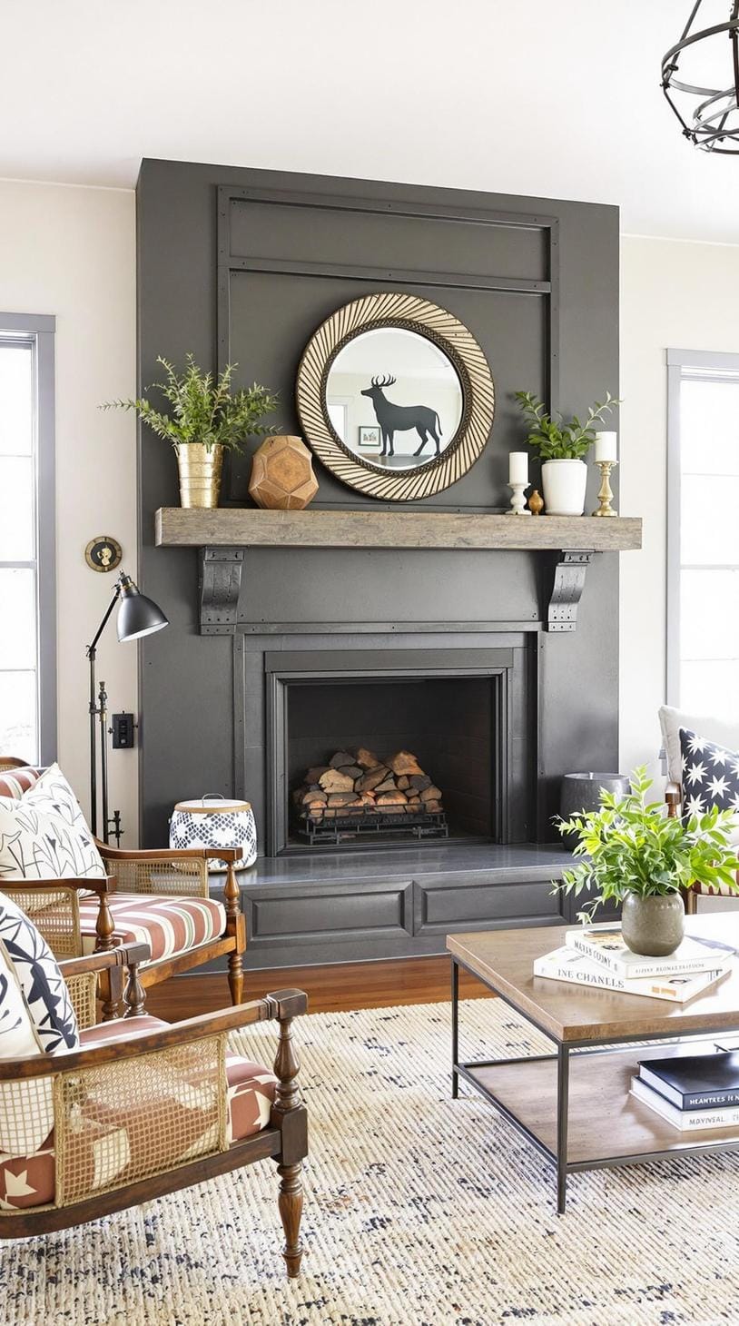 21 Best industrial farmhouse living room ideas for inspire 21 7. Add an explanation of Industrial Farmhouse fireplace with a cast iron jacket, surrounded by a mixture of vintage and contemporary furniture-0