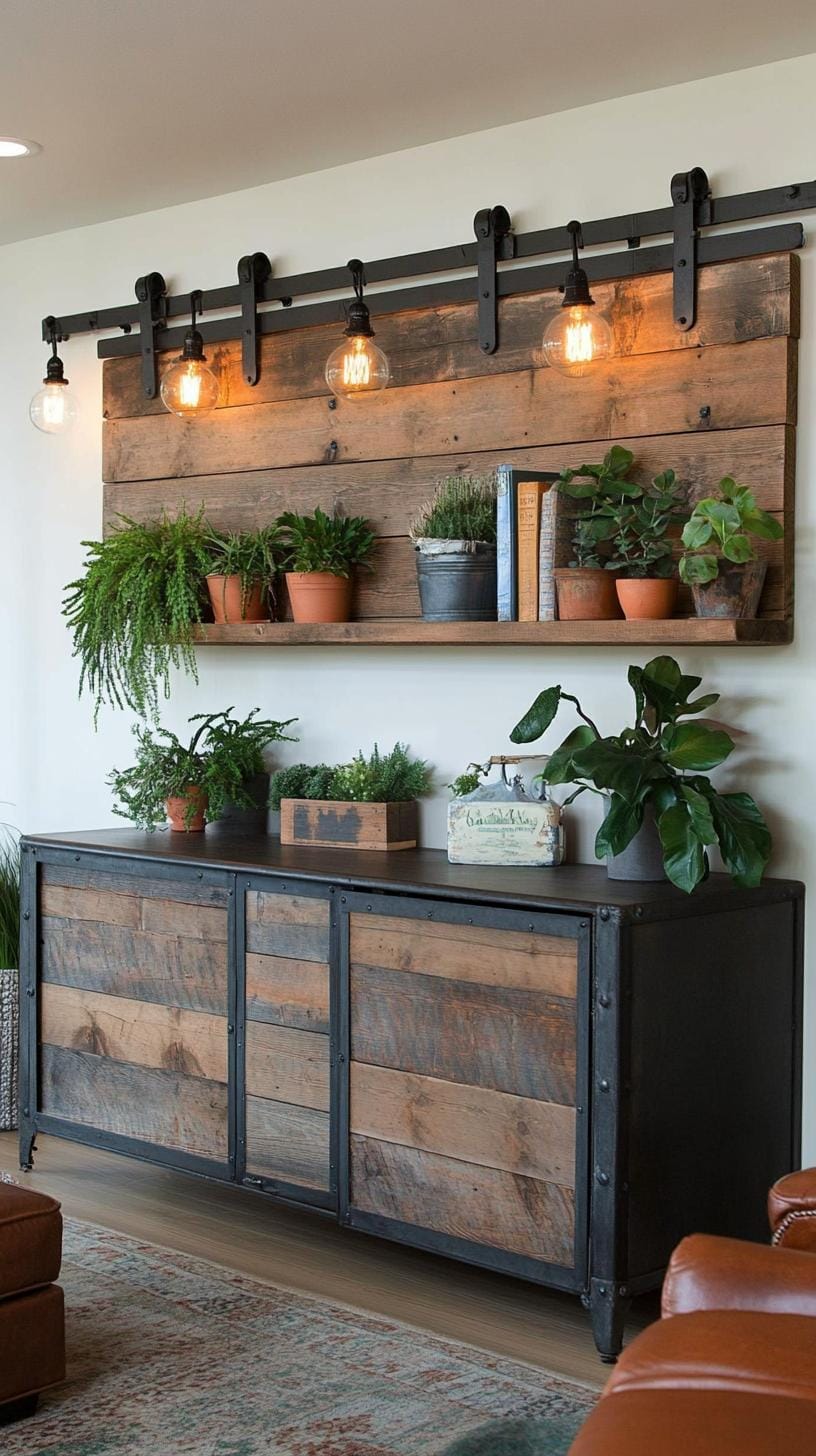21 Best industrial farmhouse living room ideas to inspire 15 5. Integrate a metal memory unit mounted on the wall in the middle of a palette of warm earth tones and vintage Edison Lampenleuchten-0
