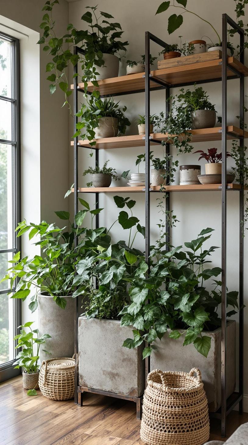 21 Best industrial farmhouse room ideas for inspire 42 14. Integrate natural green in the middle of a setup of concrete planters and rusty metal shelves, covered in soft moody light-0