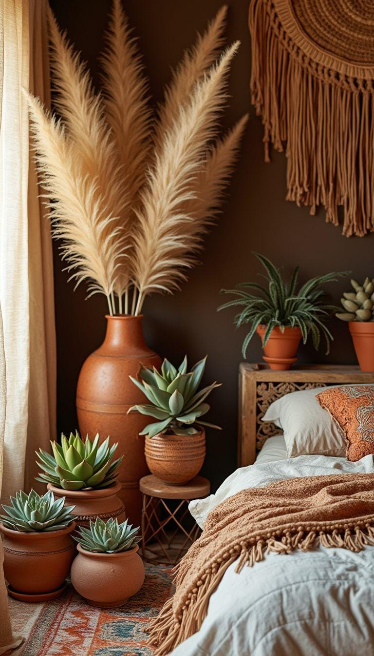 21 Breathtaking Western Boho Bedroom Ideas to inspire you 43 13. Integrate pampas grass and succulents in terracotta pots for an earthy desert mood-0