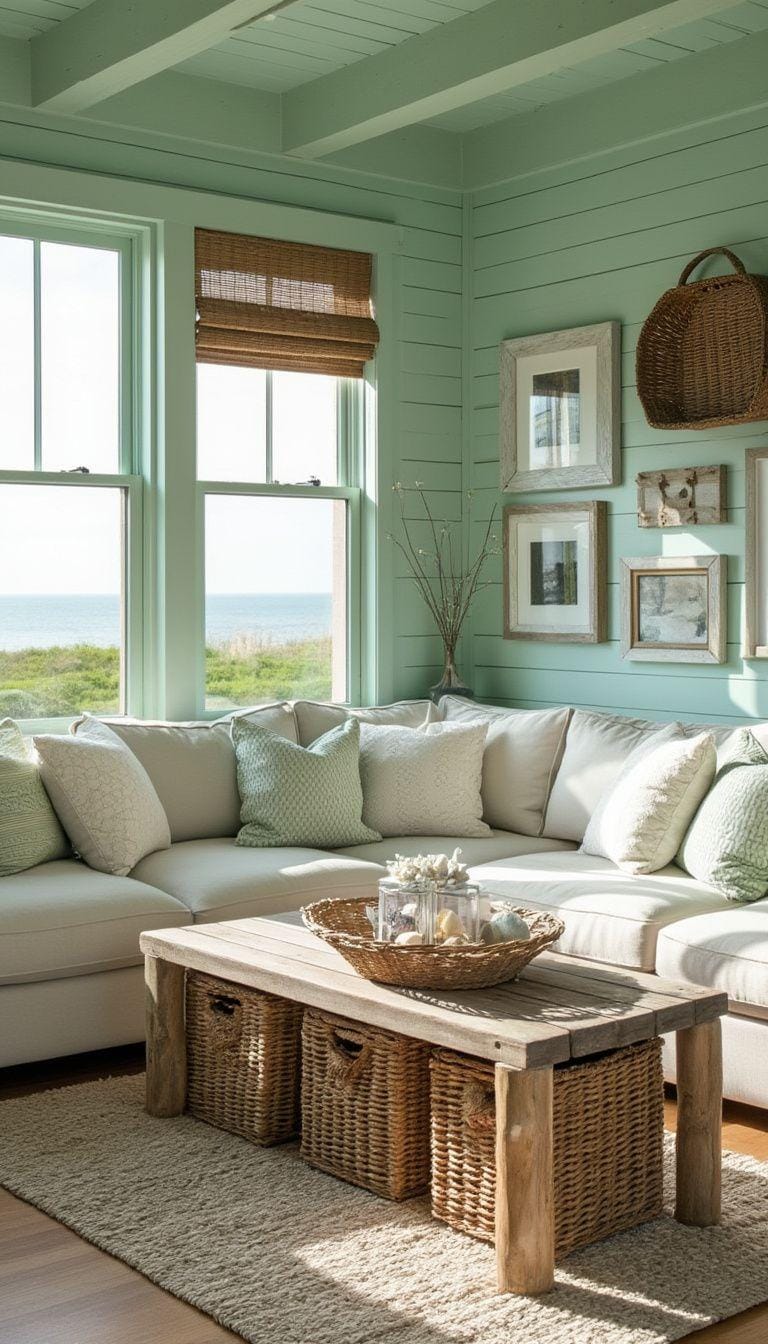 20 unique coastal farmhouse living room ideas, the 10 wow 10 3 .. Integrate Shipap Walls that were painted in Seafoam Green with Driftwood and Wicker Accents-0.