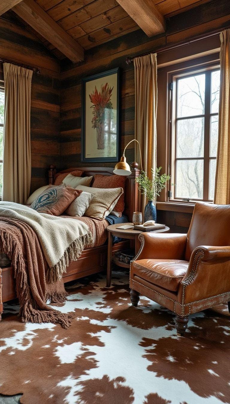 21 Breathtaking Western Boho Bedroom Ideas to inspire you 15 5. Integrate vintage cowide carpet and a needy leather armchair to create a cozy reader room.