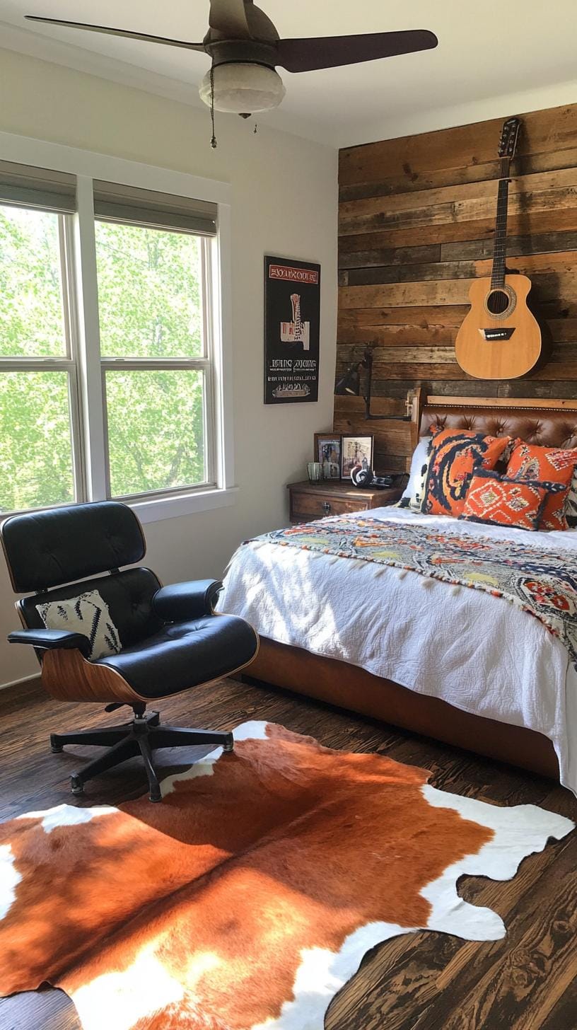 21 Breathtaking Western Boho Bedroom Ideas to inspire you 17 5. Integrate vintage cowide carpet and a needy leather sedent