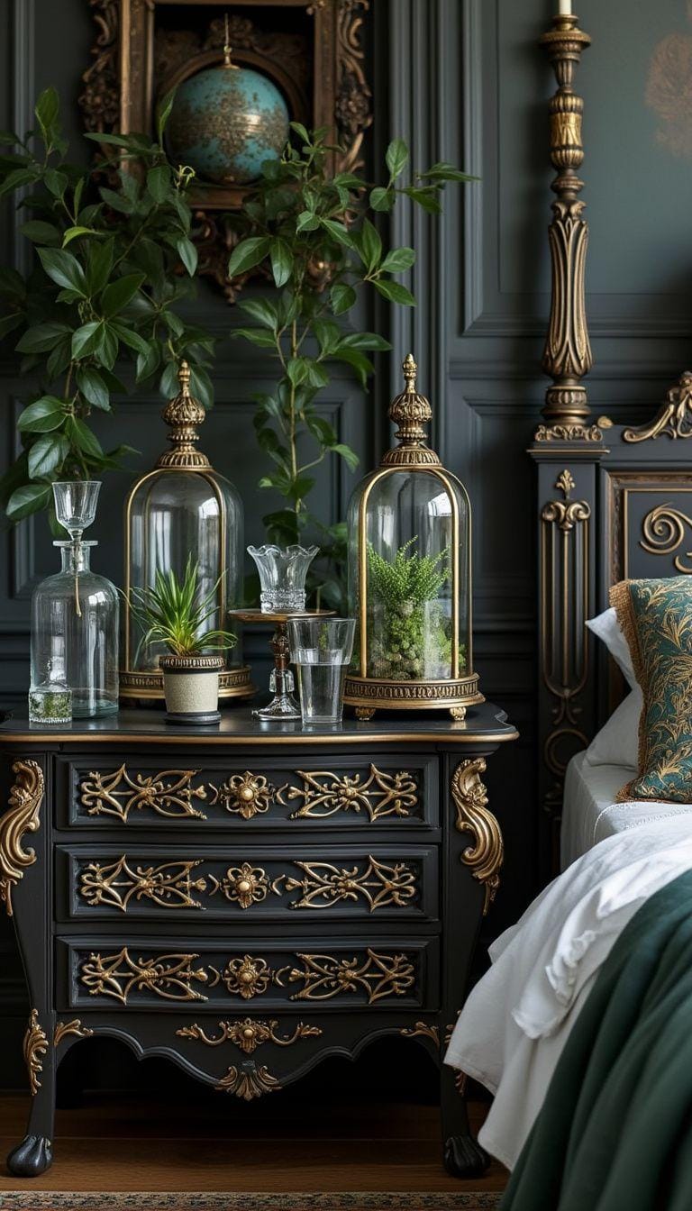 19 Best Gothic Boho bedroom ideas for a dreamy sanctuary 60 60 60 19. Pushy bedside tables with golden inlays, crowned by terrariums with air systems and vintage glazed goods 0