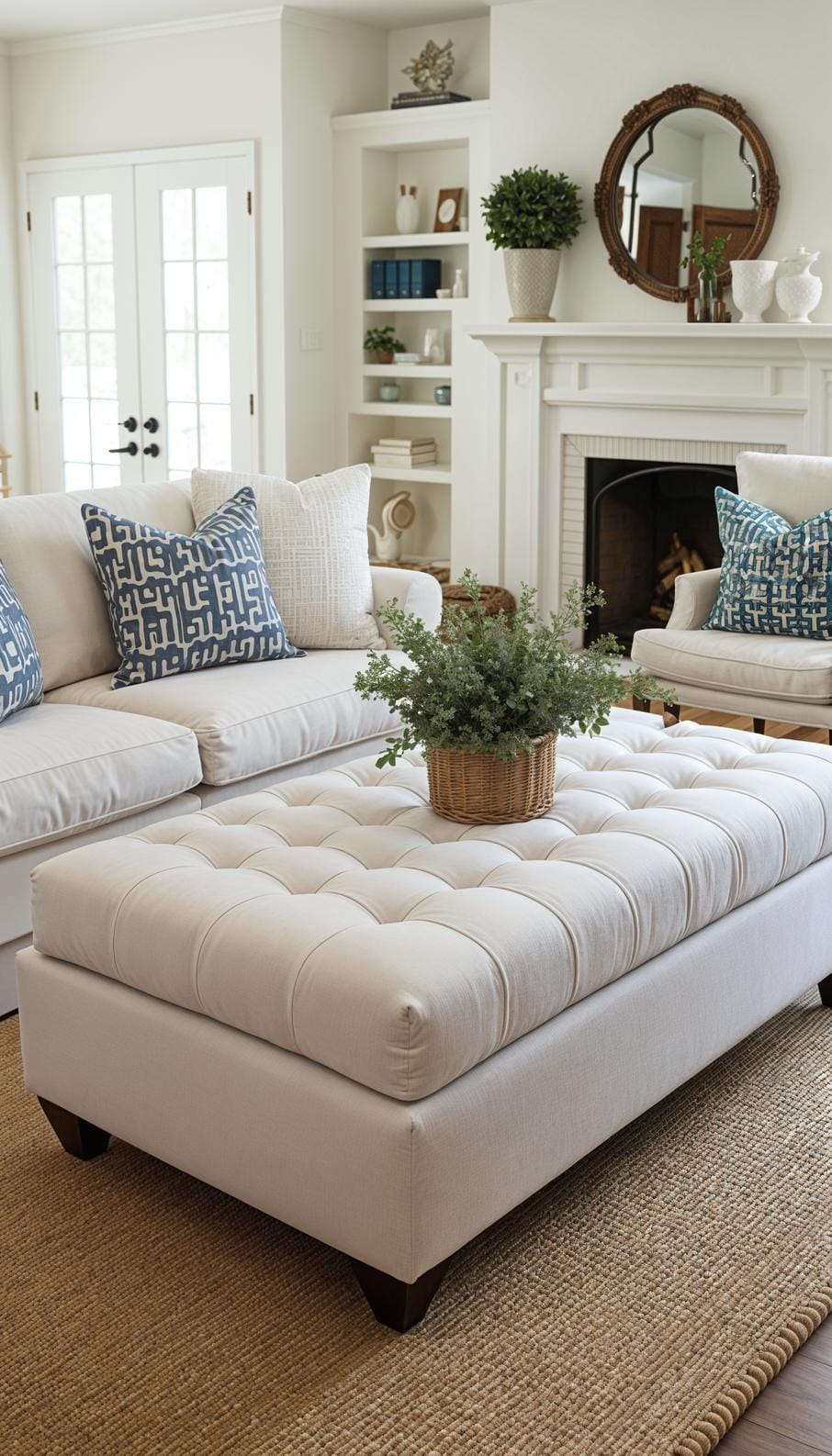 20 unique coastal farmhouse living room ideas, the woW 61 19. Introduction of a large, tufted linenoptoman as a table and session option-4