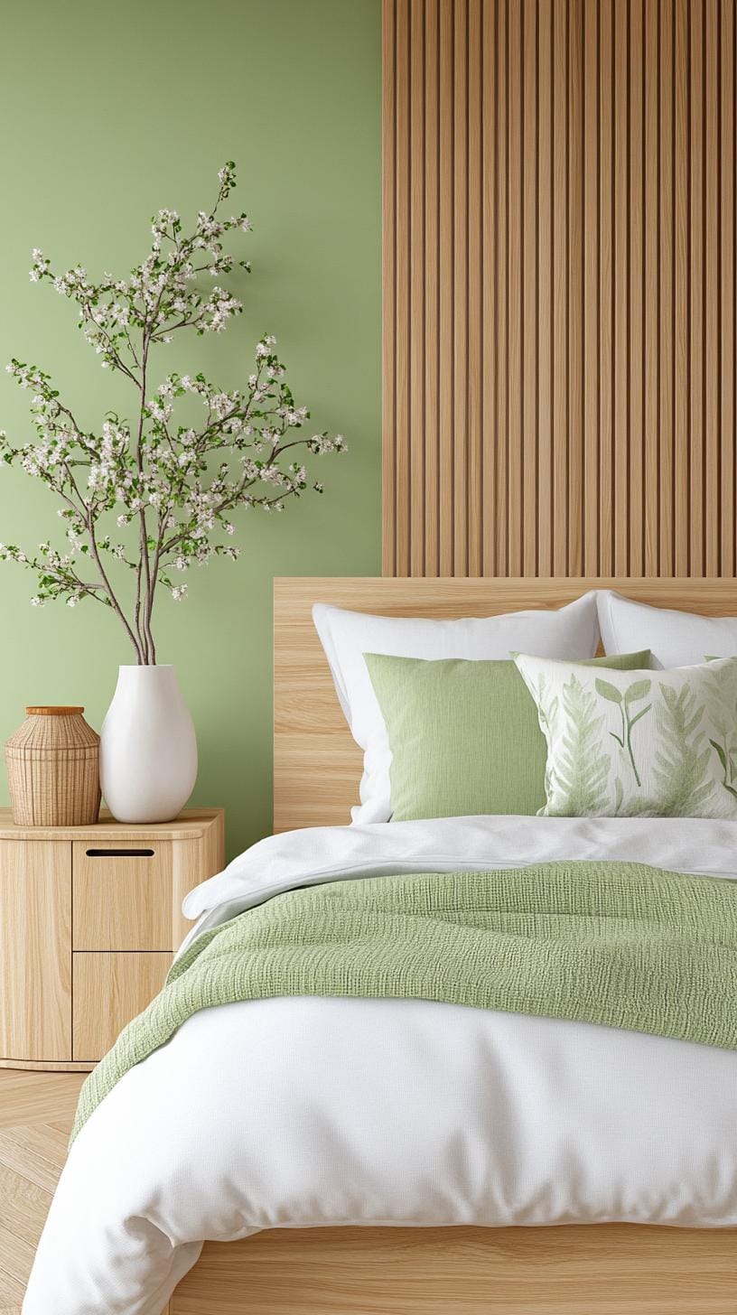25 Trendy Sage Green Schlafzimmer Ideen für 2025 82 25. Japaner Walls mit Salbeigrüse und minimales Dekor-0, um Salbei-Grünen mit Salbei-Grünen und minimal