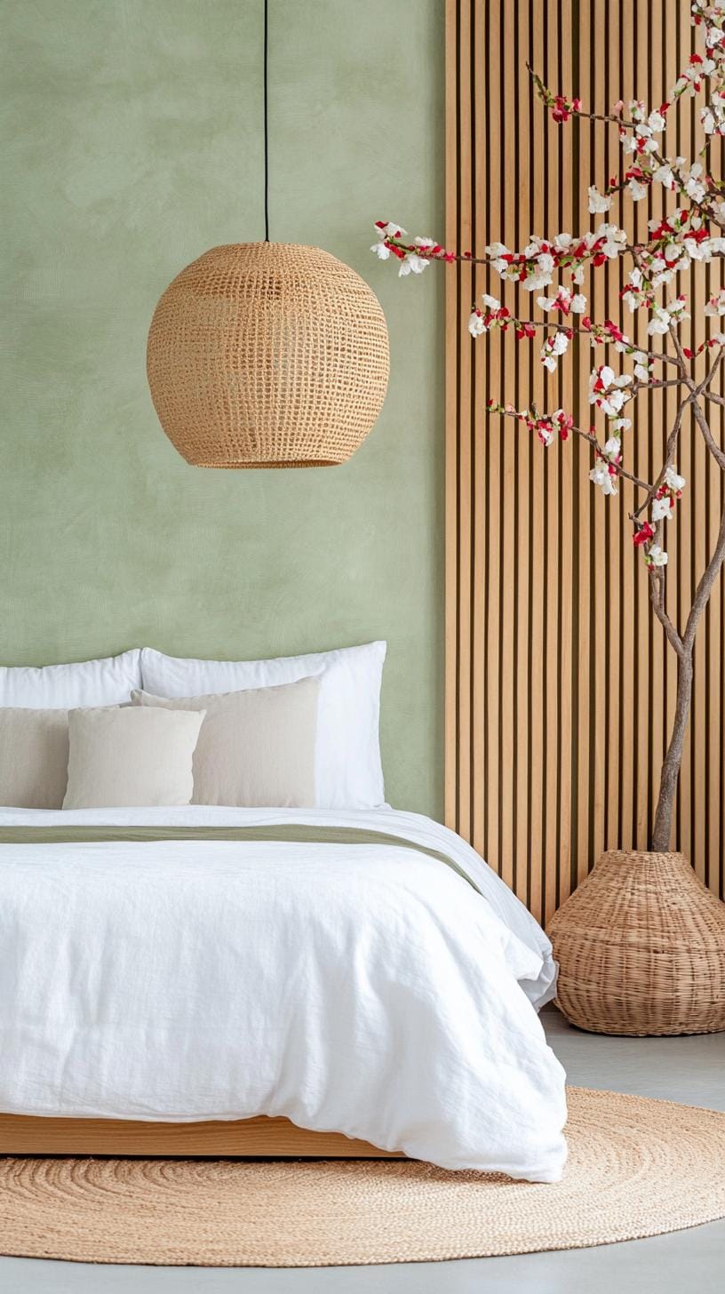 25 Trendy Sage Green Schlafzimmer Ideen für 2025 83 25. Japanische Wände mit Salbeigrüns und minimales Dekor-1 umarme Sage Green Slatted Walls und minimales Dekor-1