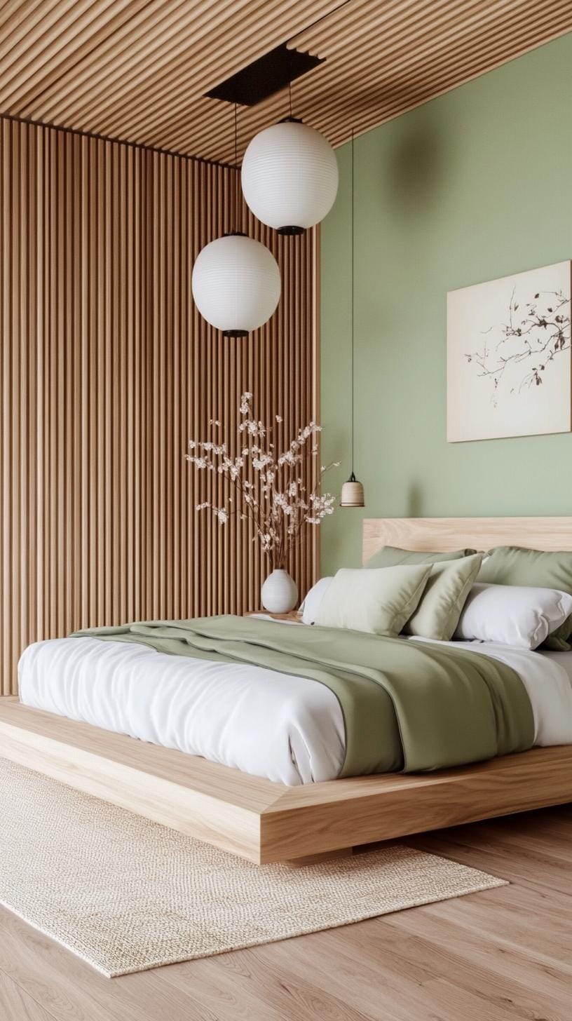 25 Trendy Sage Green Schlafzimmer Ideen für 2025 84 25. Japanische Wände mit Salbei-Grünen und minimaler Dekor-2 japanische Wabi-Sabi-Stile im Stil des japanischen Wabi-Sabi-Stils.