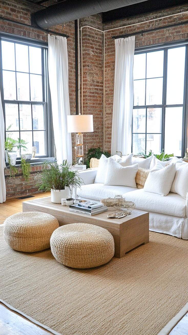 21 Best industrial farmhouse living room ideas for inspire 44 15. Next to each other large industrial windows with layered linen curtains and Jute-Ottoman for a hint of casual refinence-0.