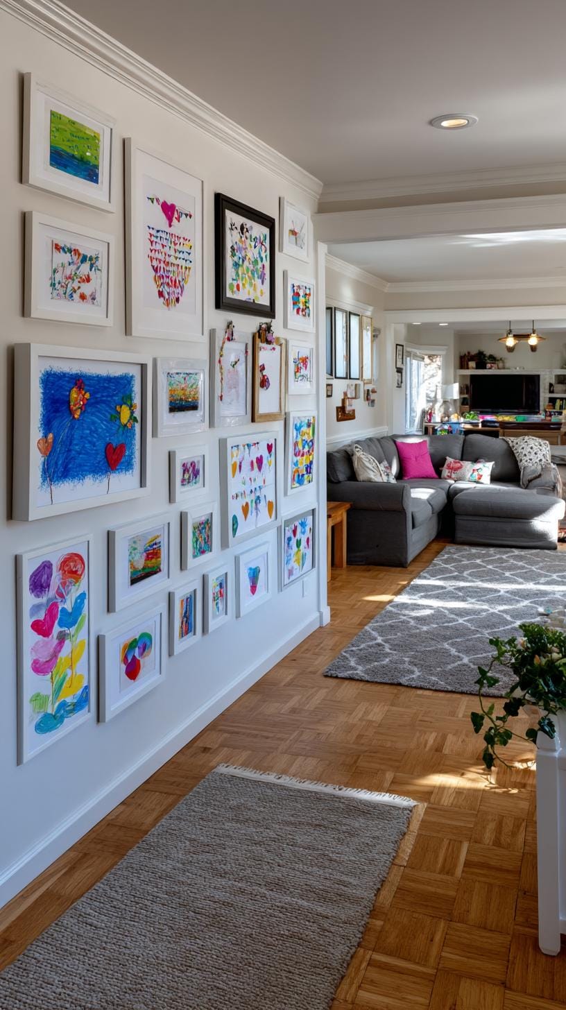 37 Gallery Wall Decor Ideas: Layouts And Styles to Elevate Any Room 87 29. Kids art creative wall showcasing children’s drawings in a playful formation-0