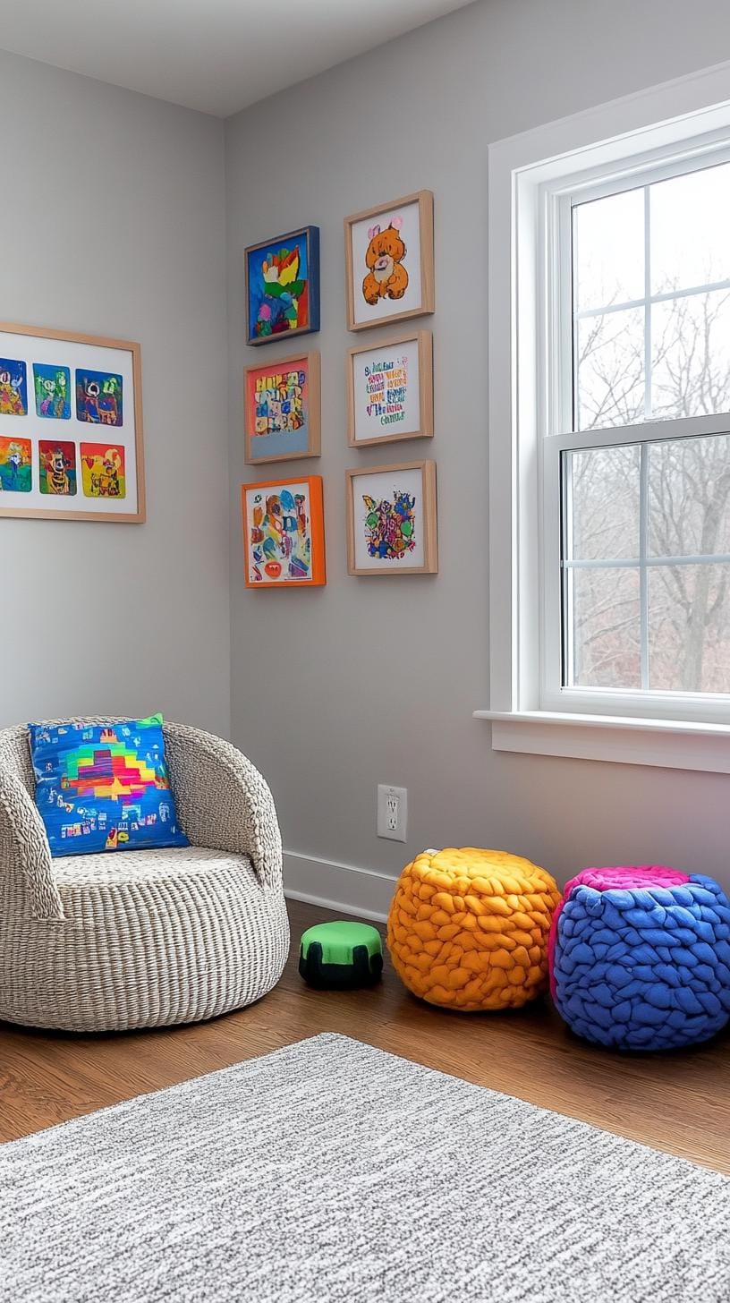 37 Gallery Wall Decor Ideas: Layouts And Styles to Elevate Any Room 88 29. Kids art creative wall showcasing children’s drawings in a playful formation-1