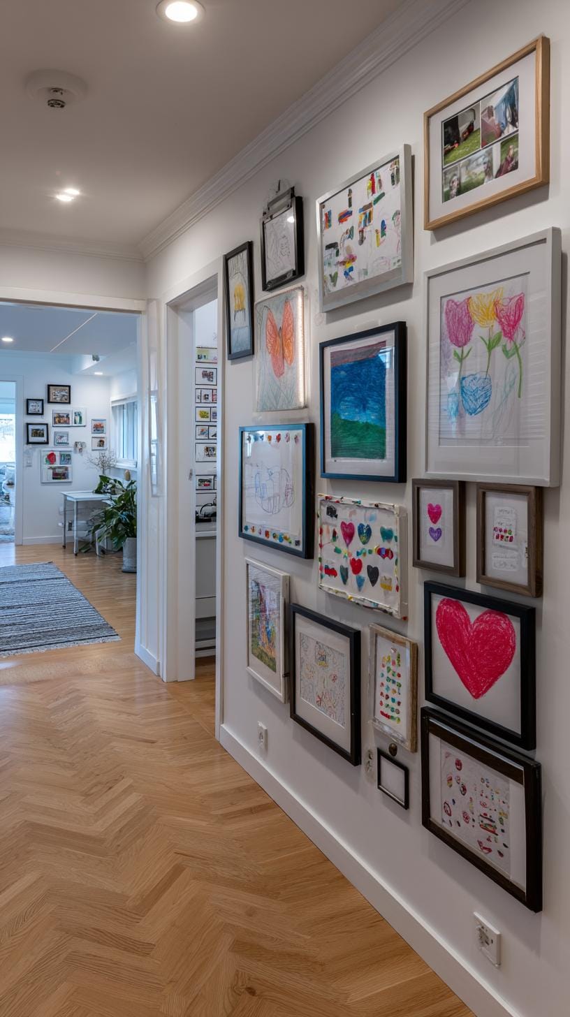 37 Gallery Wall Decor Ideas: Layouts And Styles to Elevate Any Room 89 29. Kids art creative wall showcasing children’s drawings in a playful formation-2